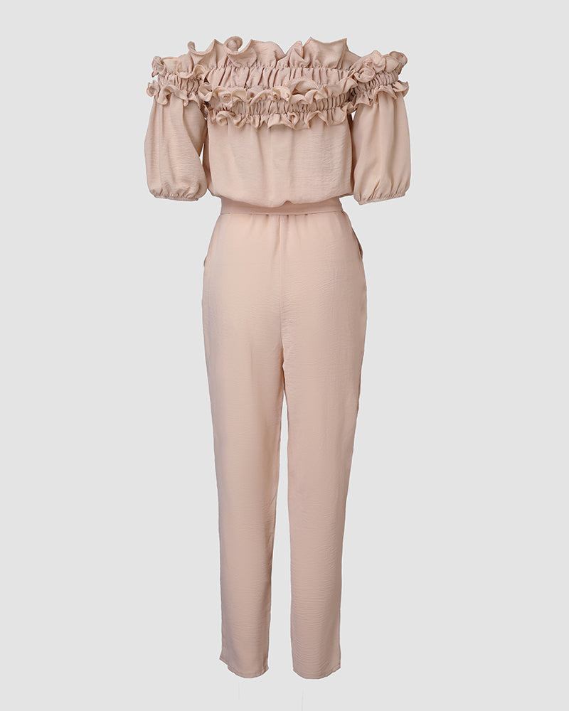 Frill Trim Off Shoulder Short Sleeve Tie Waist Overalls Casual Textured Jumpsuit - Image 4