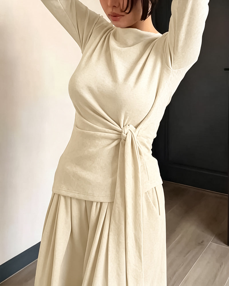 Women's 2 Piece Knit Lounge Set Long Sleeve Tie Waist Top and High Waisted Wide Leg Pants Casual Soft Sweatsuit with Pockets - Image 27