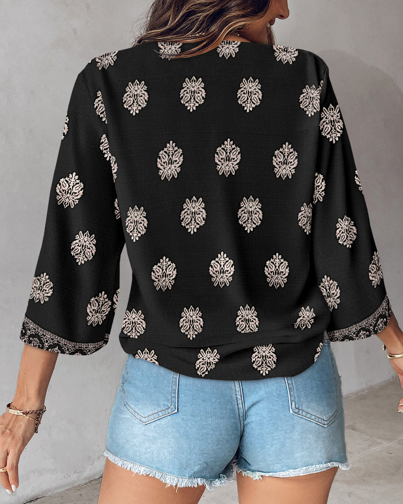 Floral Print V Neck Long Sleeve Blouse Casual Loose Fit Top - Image 10