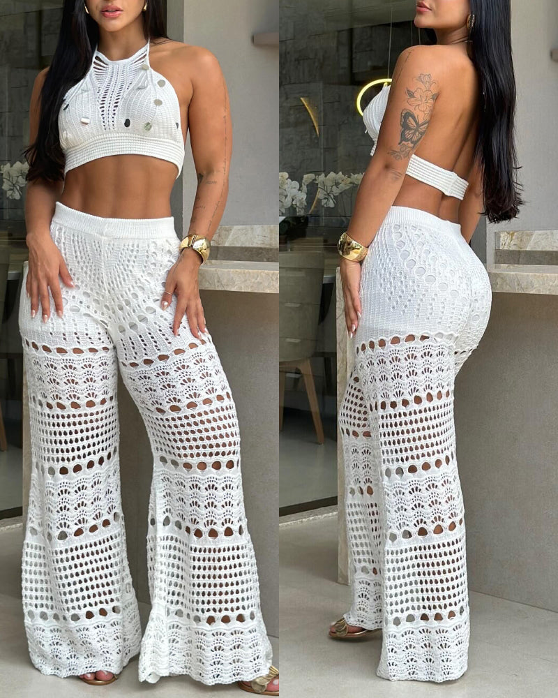 2 Pieces Round Sequin Knitted Halter Sleeveless Crop Top and Casual Strechy Waist Wide Leg Knit Pants Set - Image 8