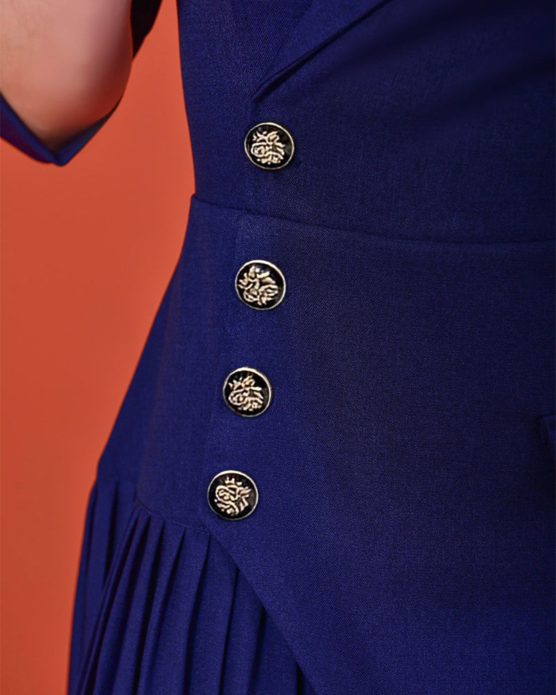 Women's Notch Lapel Blazer Dress Puff Sleeve Side Button Asymmetrical Pleated Hem A Line Work Dress - Image 4