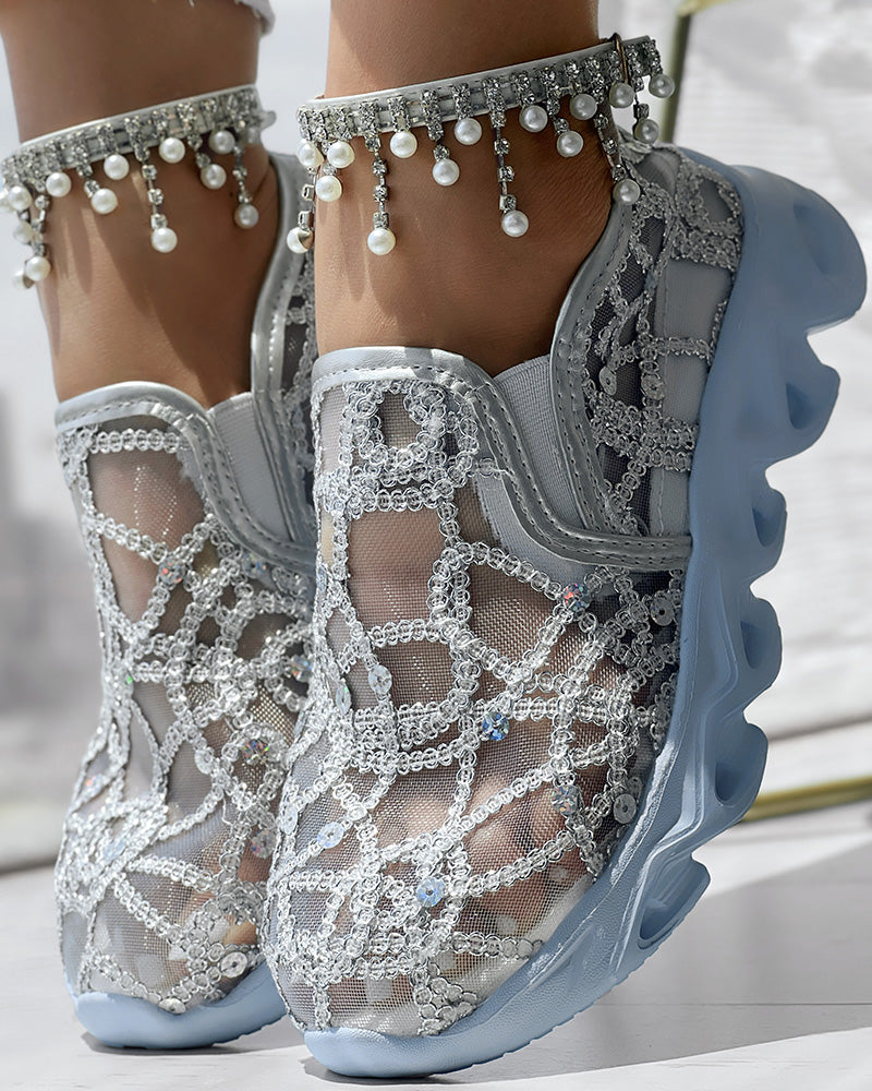Contrast Sequin Sheer Mesh Patch Breathable Sneakers - Image 11