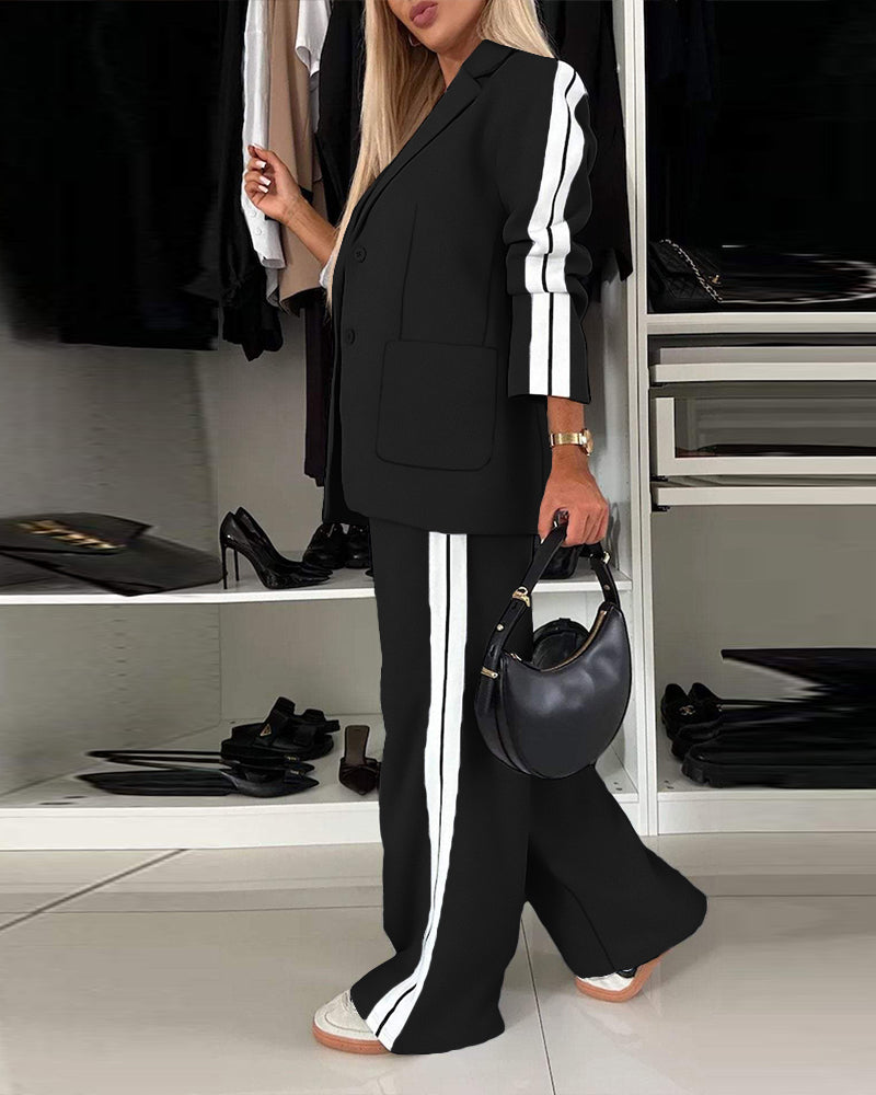 2 Pieces Outfit Notched Collar Single Breasted Pockets Design Coat And Elastic Waist Seam Front Wide Leg Pants Set Casual Contrast Side Striped Blazer Set - Image 8