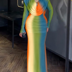 Tie Dye Print Cowl Neck Long Sleeve Backless Maxi Dress Slim Fit Zipper Back Ruched Mermaid Hem Evening Dress