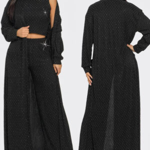 3 Pieces Outfits Cozy Comfort Glitter Long Sleeve Longline Coat and Cropped Ribbed Knit Tank Wide Leg Pants Set