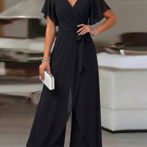 Women's Overlap V Neck Jumpsuit Butterfly Sleeve Wide Leg Romper Tied Waist Shirred Back Split Leg Overalls