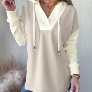 Women's Colorblock V Neck Hoodie Drawstring Curved Hem Sweatshirt Casual Slit Top