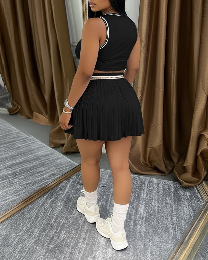 2 Pieces Outfit Round Neck Sleeveless Crop Tank Top and Elastic Waist Pleated Mini Skirt Set Casual Contrast Paneled Set - Image 3