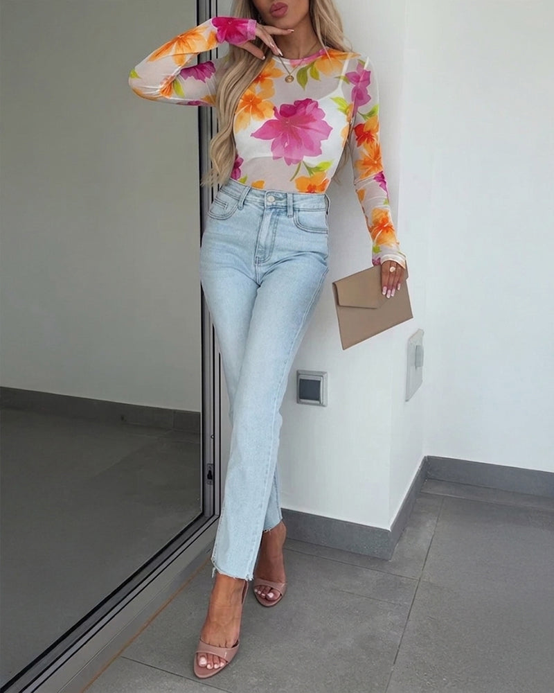 Women's Floral Print Sheer Mesh Top Long Sleeve Slim Fit Crewneck Layering Top with Thumb Hole Cuffs - Image 7