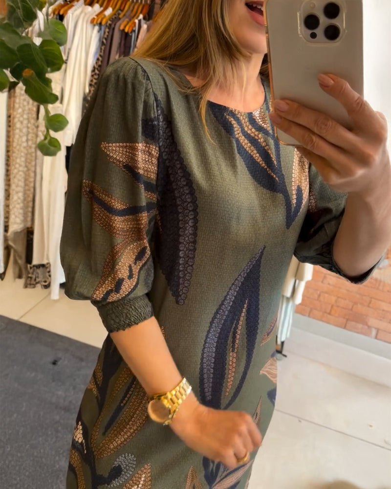 Plants Print Round Neck Half Sleeve Midi Dress - Image 2