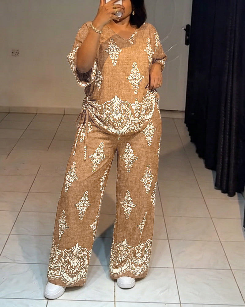 Women's Vintage Print 2 Piece Outfits V Neck Drawstring Ruched Top and Wide Leg Pants Set Casual Loose Loungewear - Image 5