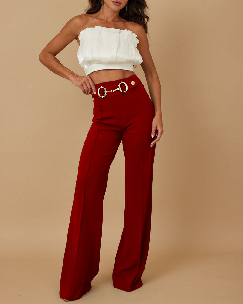 Metal Button Decor High Waist Casual Straight Leg Work Pants - Image 9