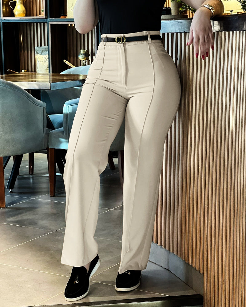 Zipper Fly High Waist Straight Leg Work Trousers Casual Elastic Back Waist Seam Front Business Pants - Image 10