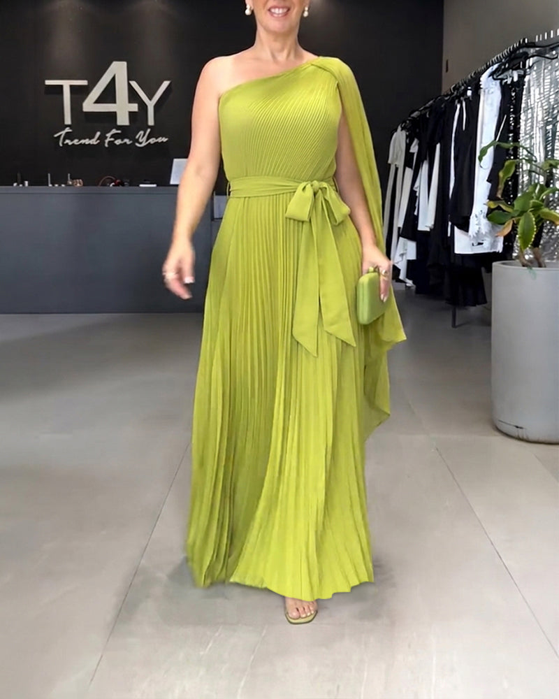 CHICME Women's One-Shoulder Pleated Maxi Dress Asymmetric Draped Cape Sleeve Twist Front Party Dress Elegant High-Waist Evening Dress - Image 6
