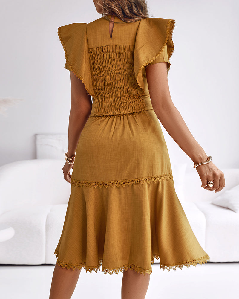 Butterfly Sleeve Hollow-out Back Shirred Dress Casual Cinched Waist Lace Trim Ruffle Hem Commuting Dress - Image 2