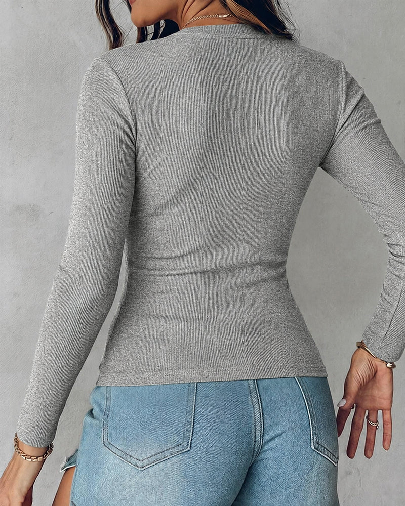 Women's V Neck Long Sleeve Ribbed Knit Top Slim Fit Base Layer Shirt Soft Stretchy Casual Tee with Built-in Bra - Image 23