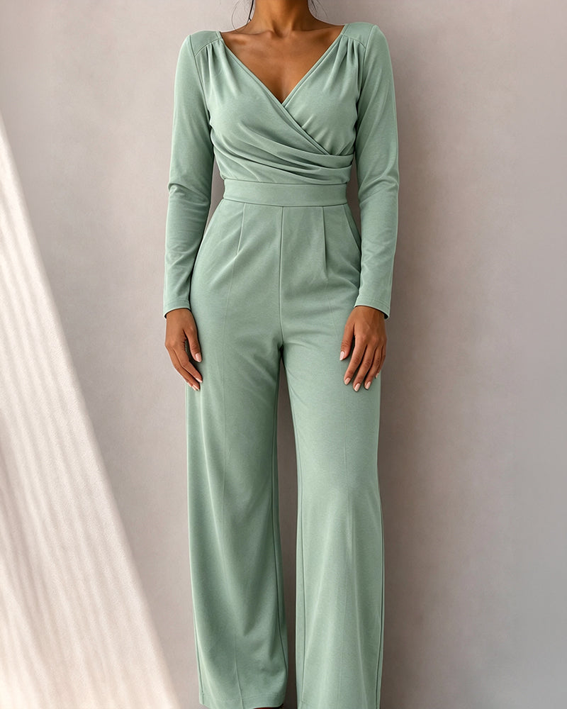 Women's Wrap Deep V Neck Long Sleeve High Waisted Wide Leg Jumpsuit Casual Ruched Overalls - Image 4