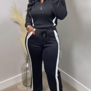 2 Pieces Outfit Half Zip Long Sleeve Top and Drawstring Elastic Waist Pants Set Casual Contrast Paneled Side Set