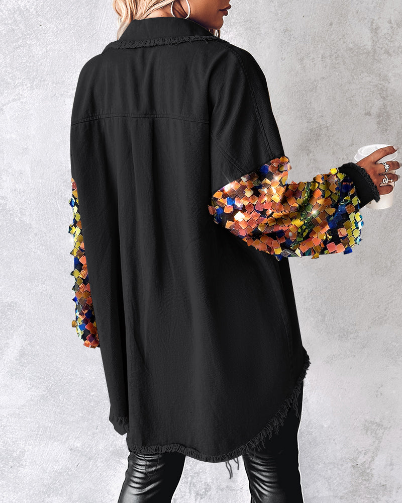 Contrast Sequin Long Sleeve Jacket Top Button Front Raw Hem Loose Fit Shacket - Image 13