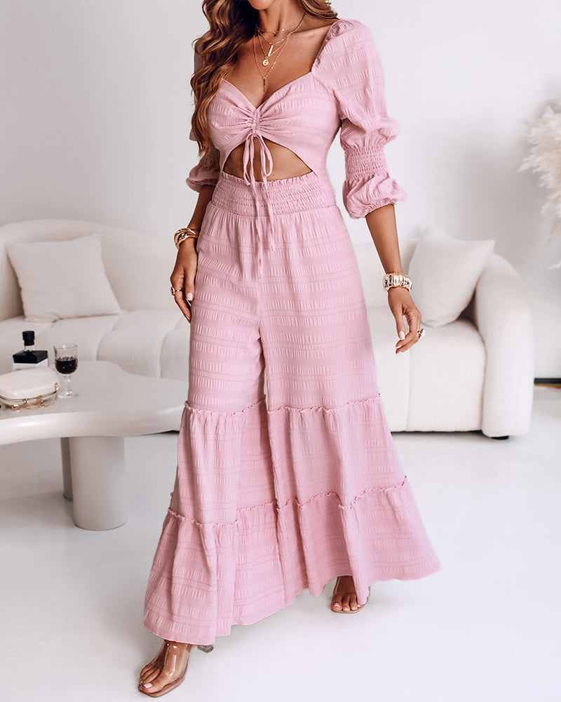 Sweetheart Neck Puff Sleeve Drawstring Front Shirred Overalls Casual Cutout Front Ruffle Hem Wide Leg Jumpsuit - Image 4