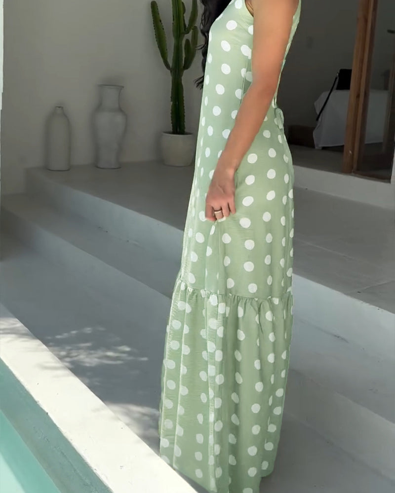 Women's Polka Dot Maxi Dress Casual Sleeveless Lace up Back Vacation Dress Elegant Ruffle Hem Loose A Line Long Sundress - Image 6