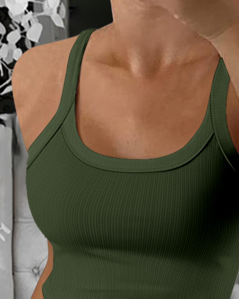 Scoop Neck Spaghetti Strap Ribbed Top Casual Sleeveless Slim Fit Tank - Image 18