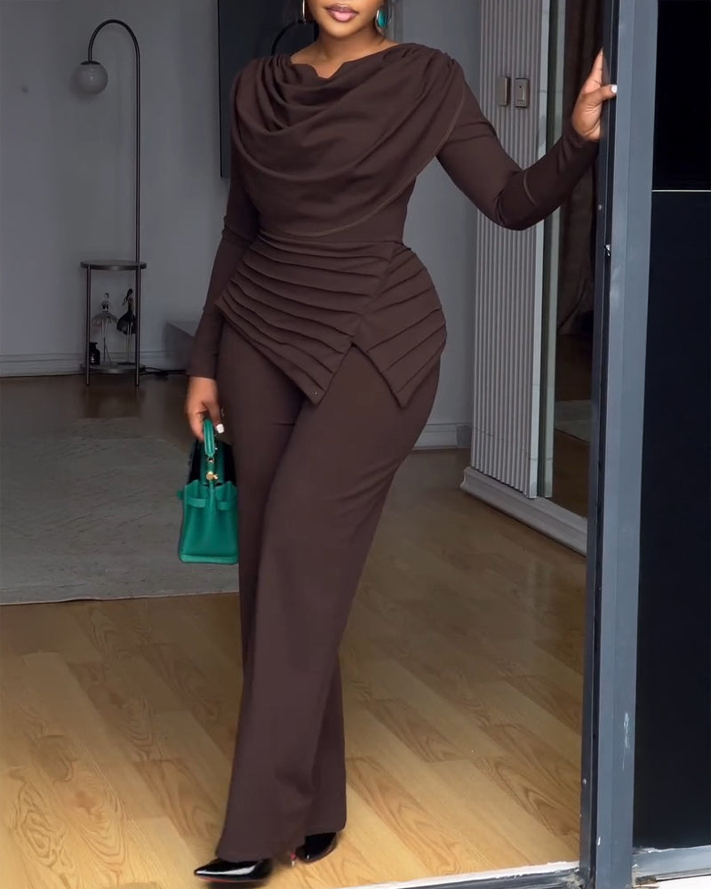 Cowl Neck Asymmetrical Textured Patchwork Cinched Waist Jumpsuit Casual Zipper Back Wide Leg Jumpsuit - Image 5