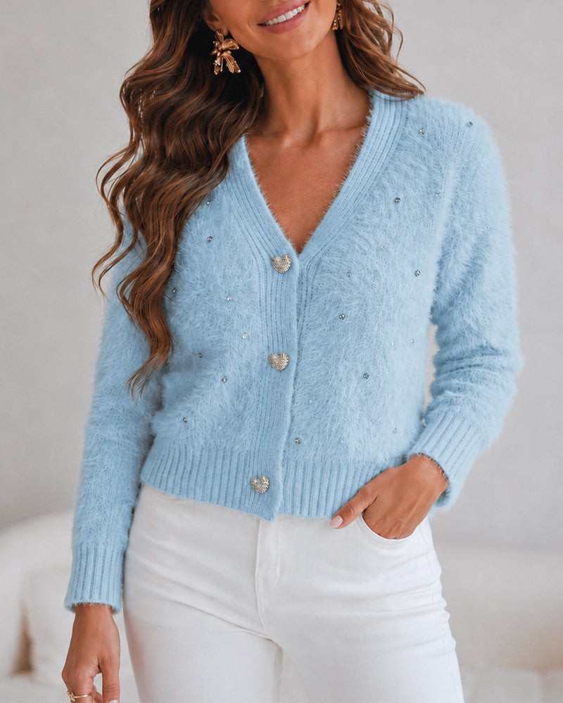 Women's Faux Mink Fur Knit Cardigan Elegant Pearl Rhinestone V Neck Sweater Crop Single Breasted Coat - Image 9