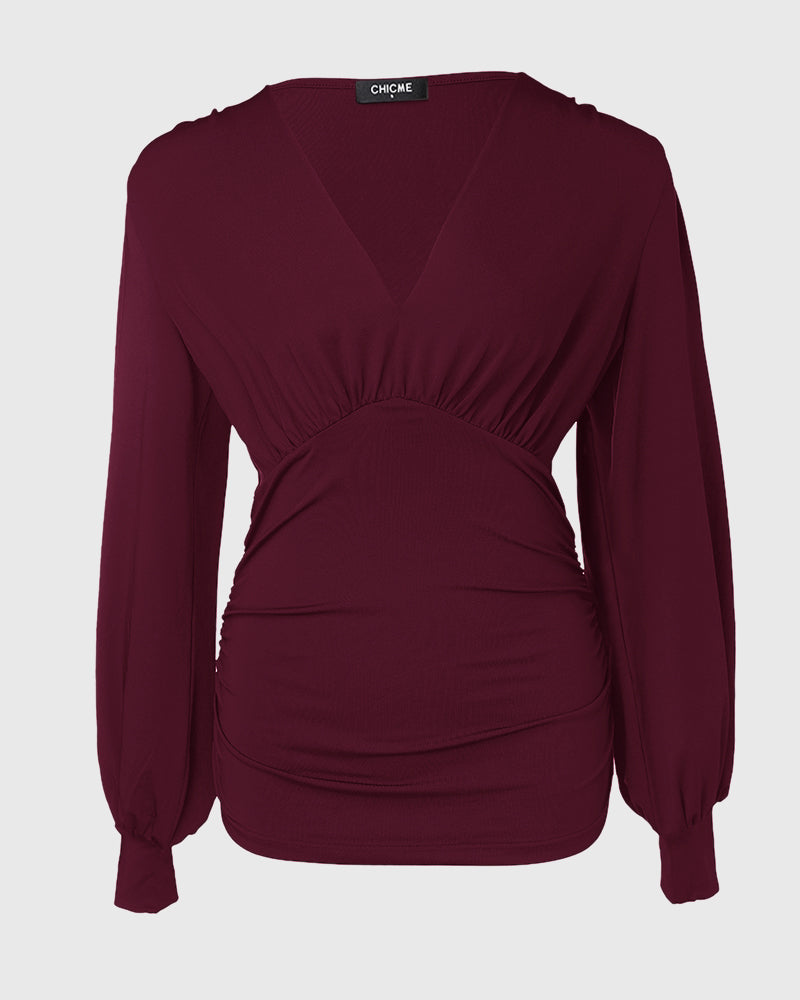 Deep V-Neck Lantern Sleeve Ruched Blouse Casual Slim Fit Top - Image 13