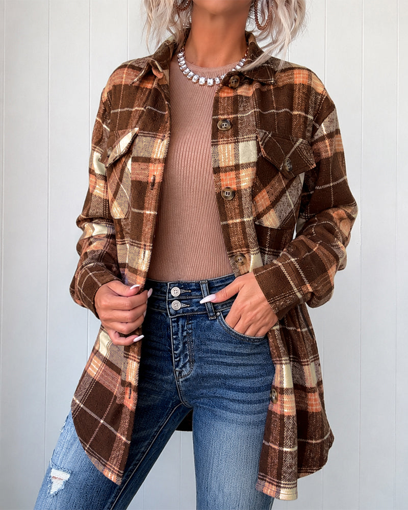 Women's Plaid Long Sleeve Button Down Brushed Shacket Casual Turn-down Collar Coat - Image 4
