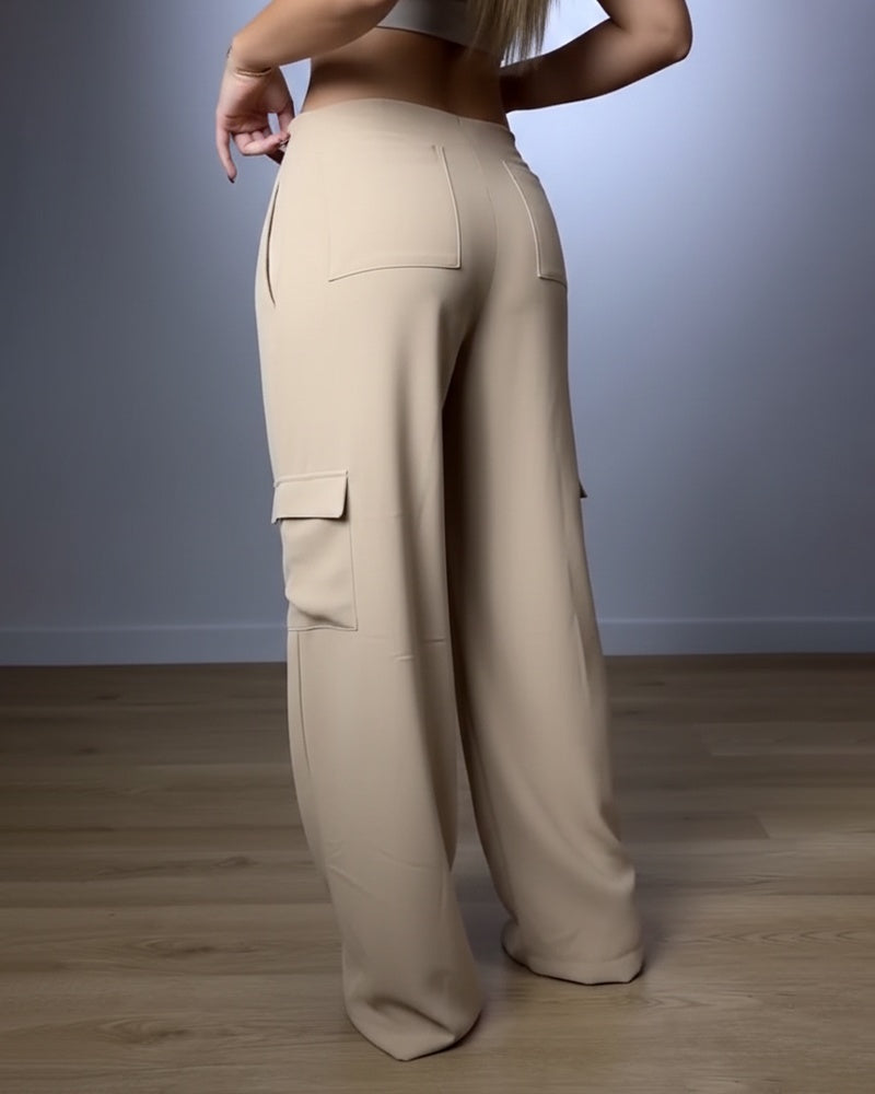 High Waist Drawstring Pleated Front Wide Leg Trousers Casual Flap Pockets Design Cargo Pants - Image 2