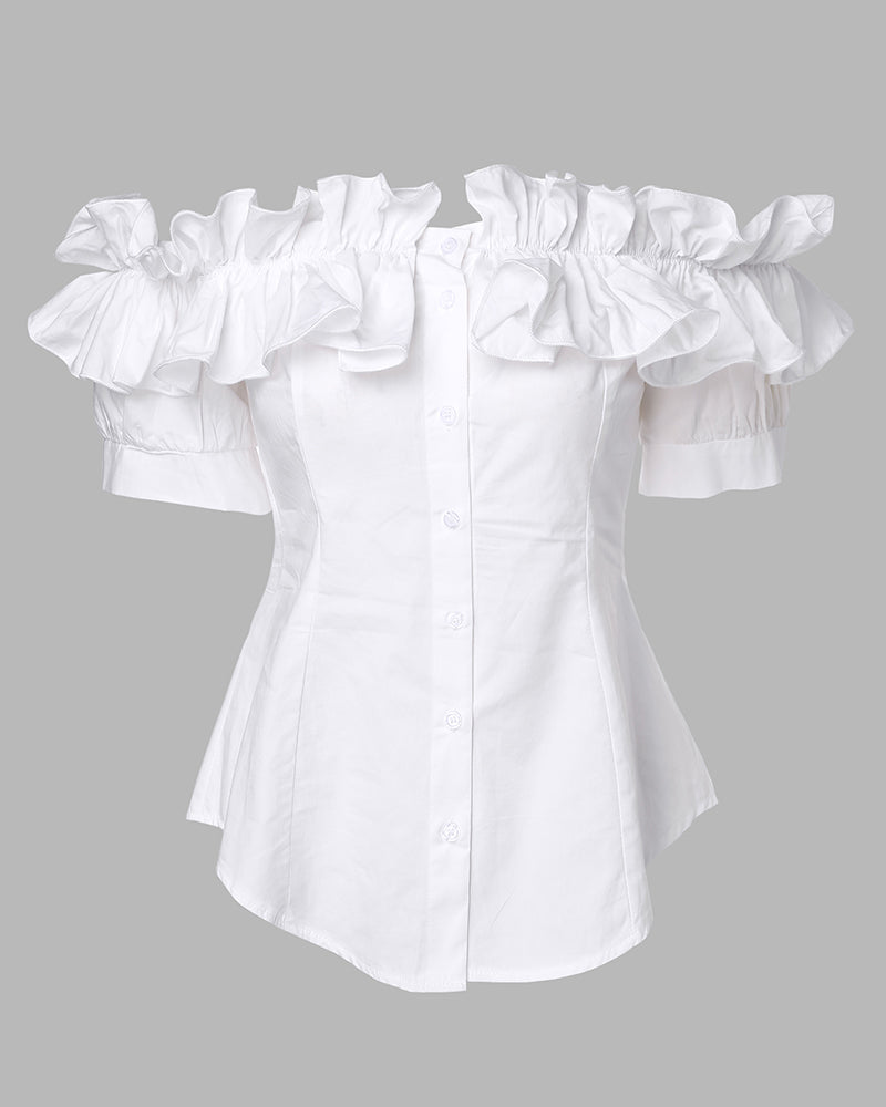 Ruffles Off Shoulder Short Sleeve Button Front Blouse Asymmetrical Hem Top - Image 5