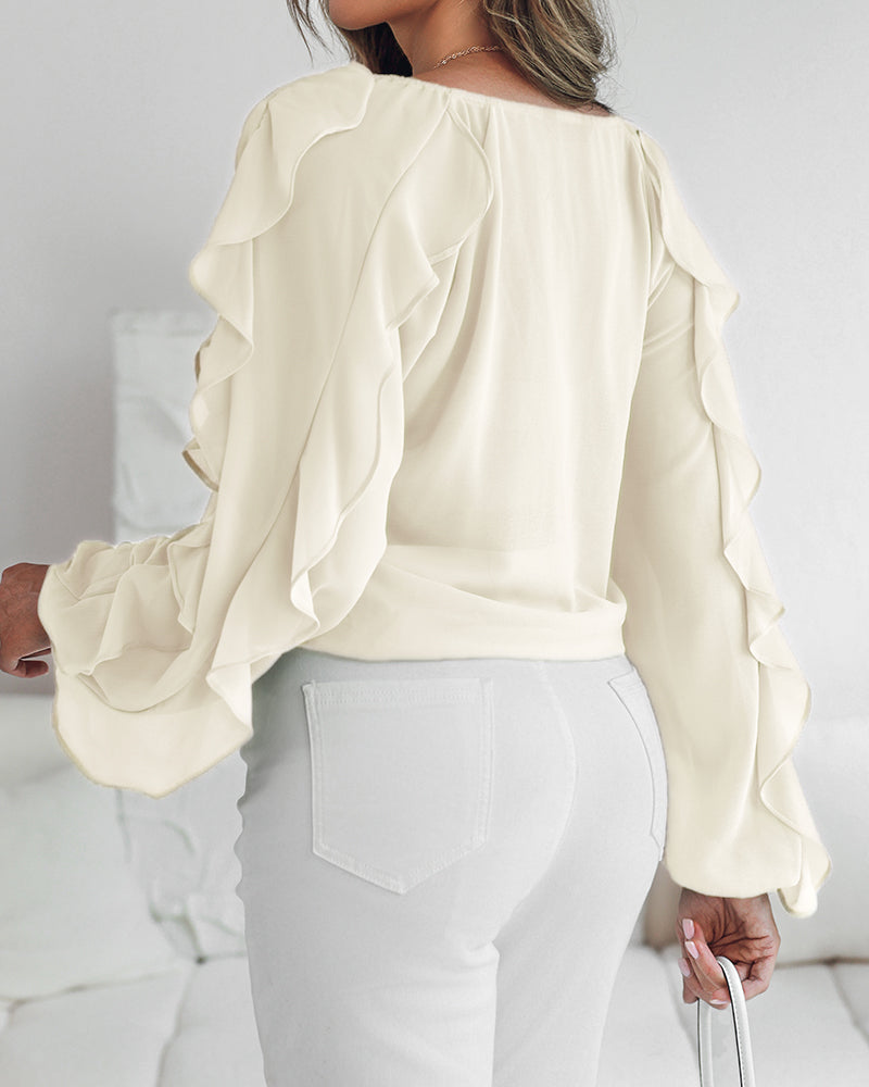 V Neck Shoulder Ruffles Design Blouse Casual Button Front Long Sleeve Top - Image 30