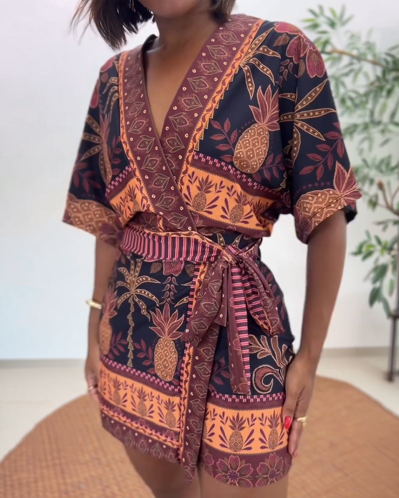 Women's Tropical Print Romper V Neck Wrap Knot Side Jumpsuit Half Sleeve Beach Vacation Summer Skorts Romper - Image 7