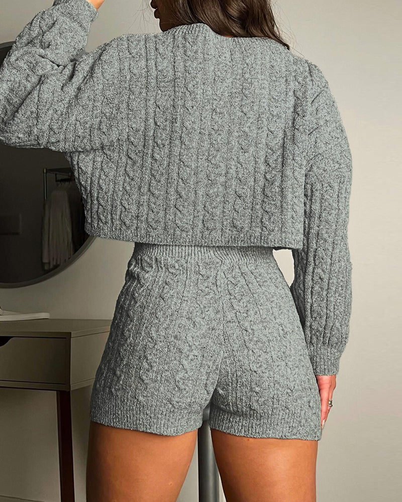 2 Piece Crewneck Long Sleeve Cable Knit Crop Sweater High Waist Shorts Tracksuits Outfits - Image 7