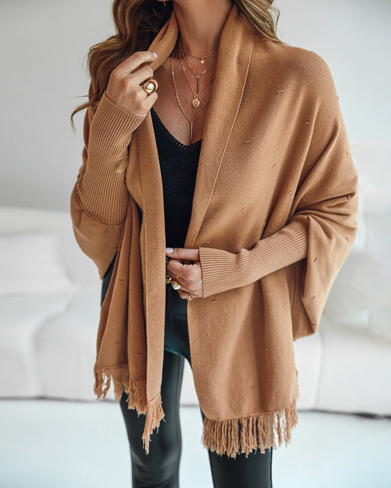 Tassel Design Long Sleeve Slit Cardigan Fashion Versatile Warm Cape Shawl - Image 3