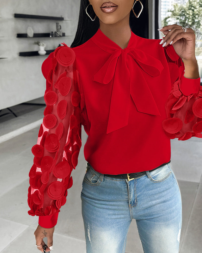 Floral Pattern Long Sleeve Blouse Solid Tie Neck Mesh Patch Shirt Office Work Tops - Image 2