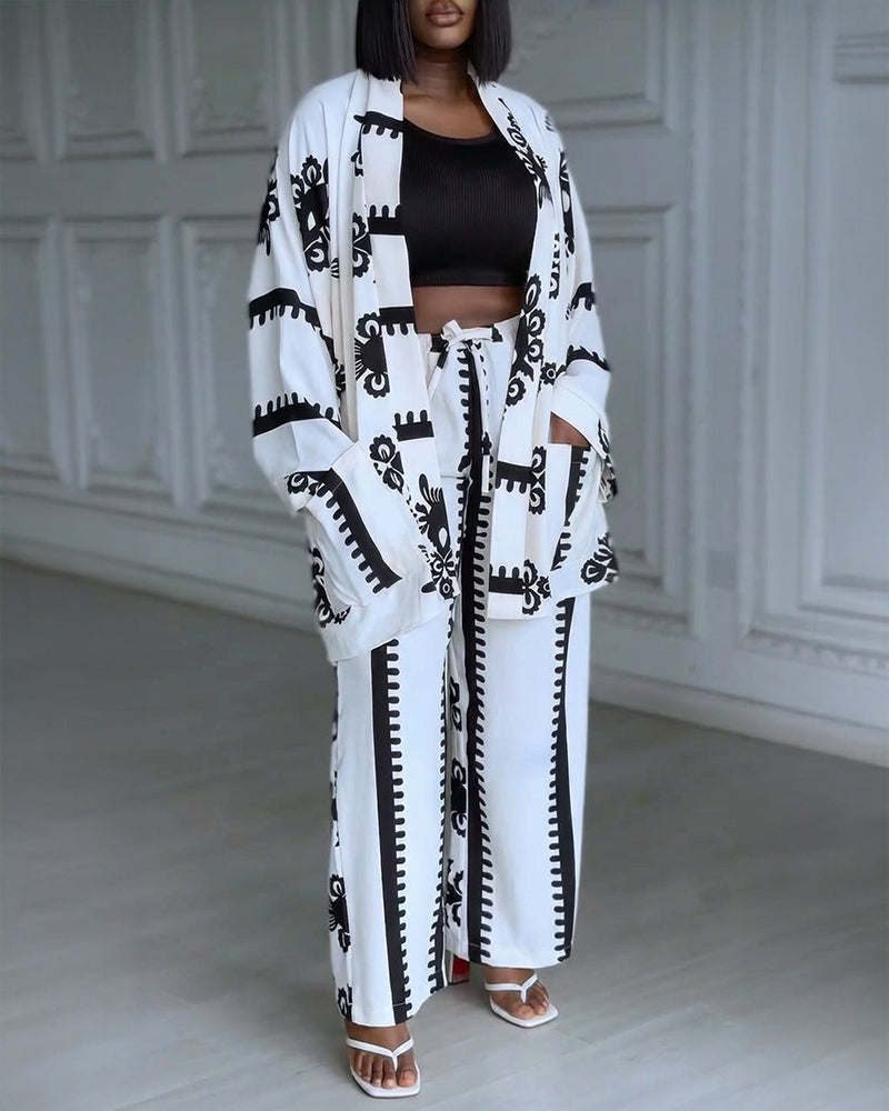 2 Pieces Outfit Open Front Long Sleeve Coat and Drawstring Elastic Waist Wide Leg Pants Set Casual Vintage Baroque Print Loose Fit Set without Tank Top - Image 3