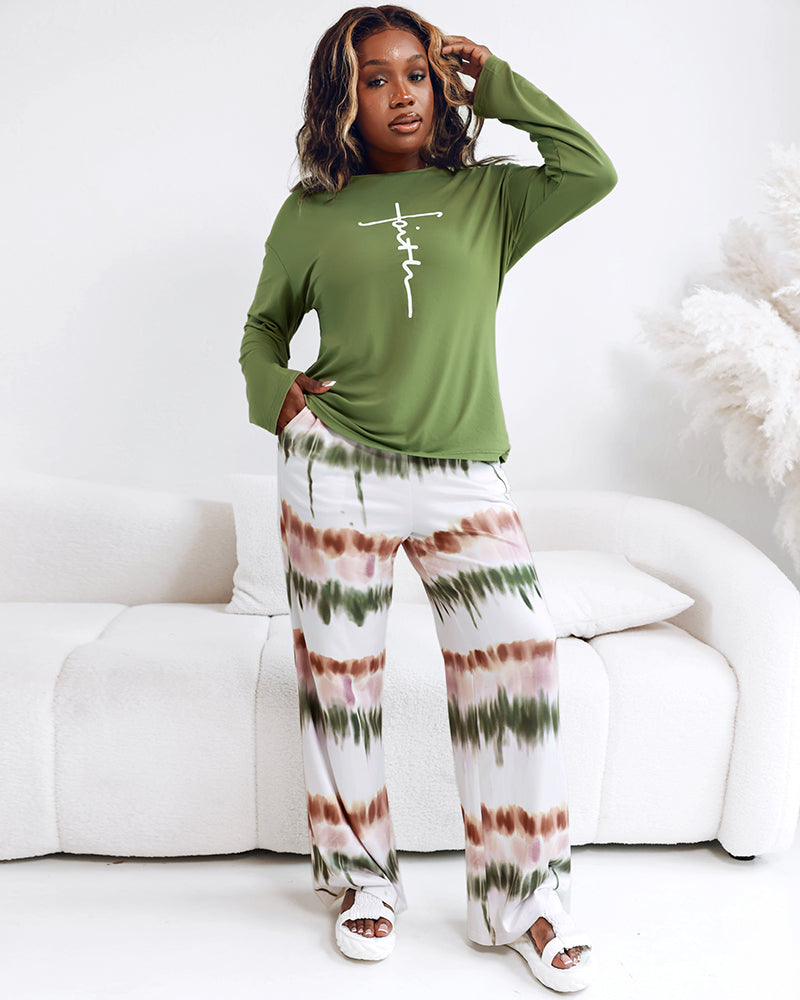 2 Pieces Outfit Letter Print Long Sleeve Top and Tie Dye Print Elastic Waist Pants Set Casual Pajamas Set - Image 4