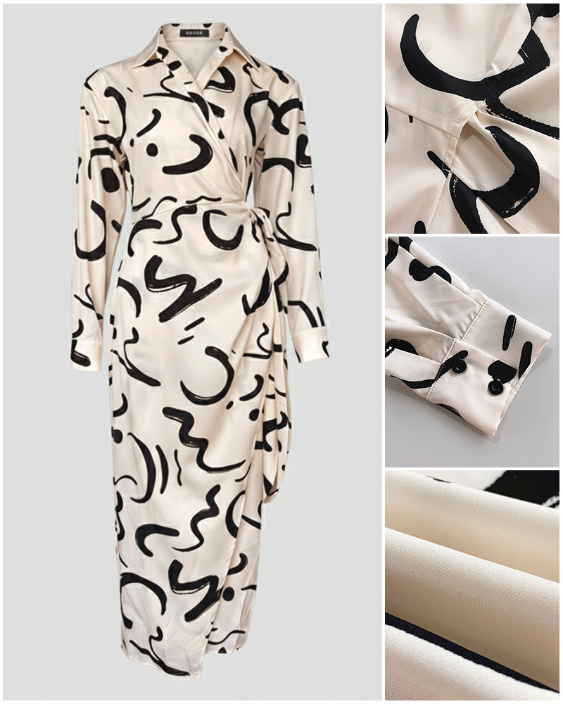 Abstract Print Turn-down Collar Tied Detail Ruched Dress Casual Wrap Front Vacation Dress - Image 9