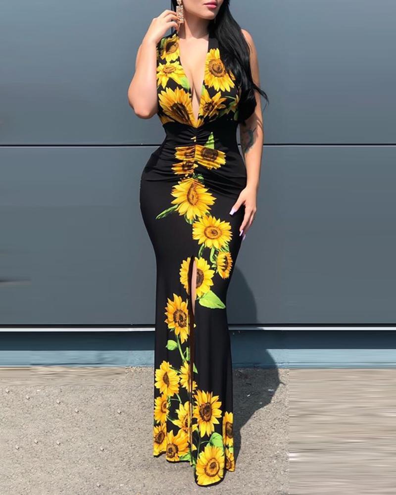 Plunge Sunflower Print High Slit Party Dress - Image 2