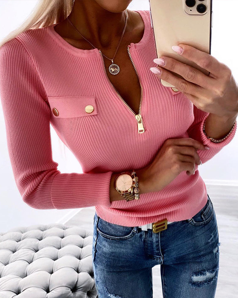 Crewneck Half Zipper Flap Detail Knit Sweater Long Sleeve Slim Fit Ribbed Pullover Top - Image 9