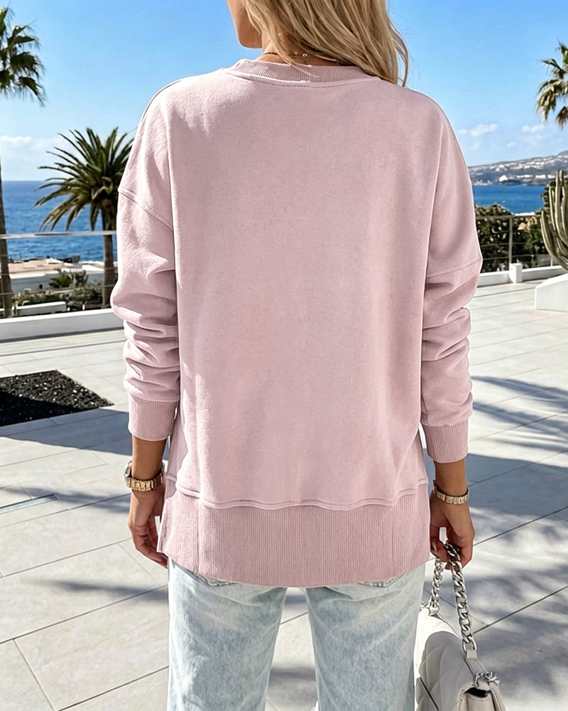 Women's Loose Crewneck Sweatshirt Embossed Letter Print Pullover Top Casual Side Slit Top - Image 16
