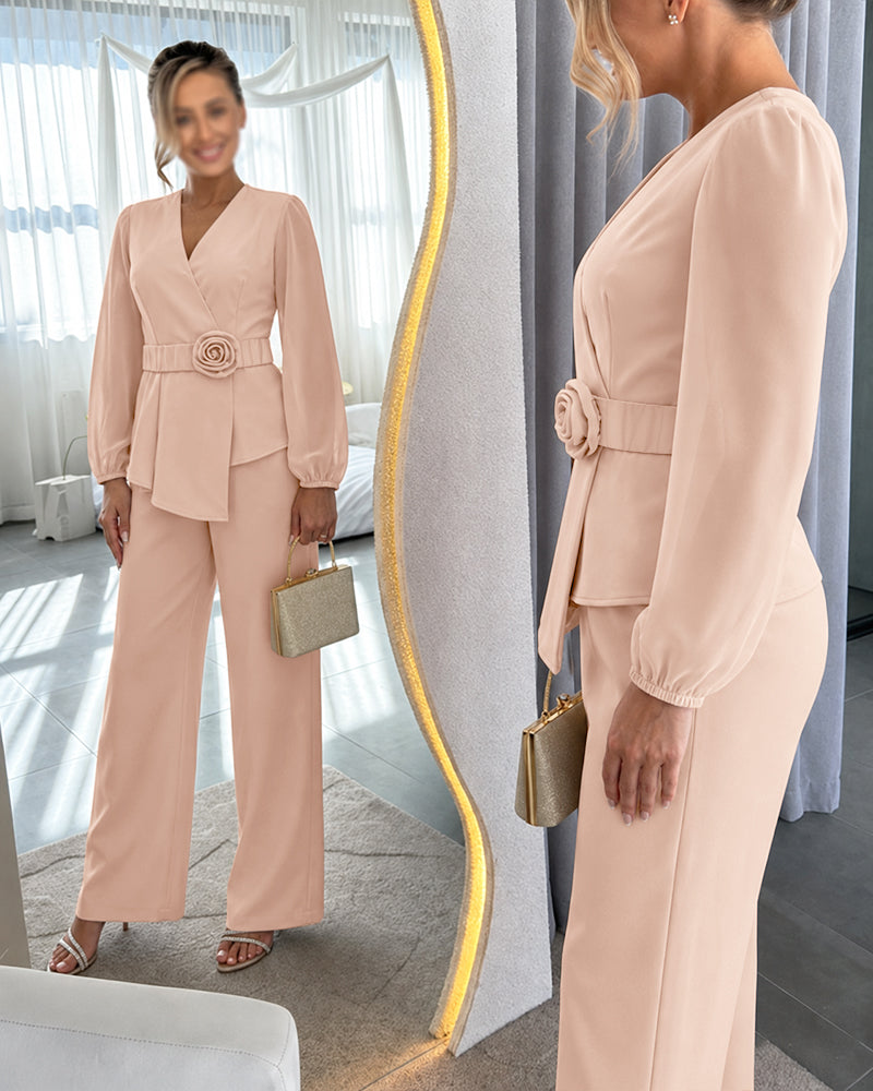 Women's 2 Piece Outfits Blazer Set Wrap V Neck Lantern Sleeve Top and High Waisted Straight Pants with Belt - Image 4