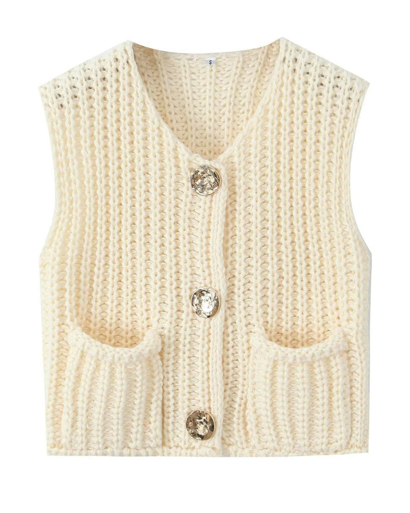V-Neck Sleeveless Button Front Knit Vest Casual Loose Fit Sweater Top with Pockets - Image 4