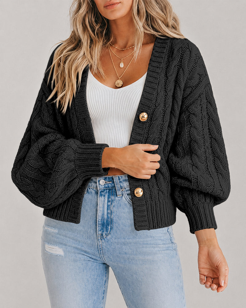 Women's Cable Knit Cardigan V Neck Button Down Chunky Knit Sweater Loose Lantern Sleeve Warm Outerwear - Image 14