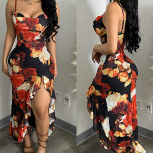 Women's Floral Print Mesh Dress Ruffle Hem High Slit Mermaid Cami Dress Sexy Sleeveless Bodycon Party Dress