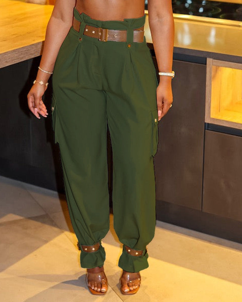 Women's Pockets Design Cargo Pants Casual High Waisted Trousers with Contrast Belt - Image 10