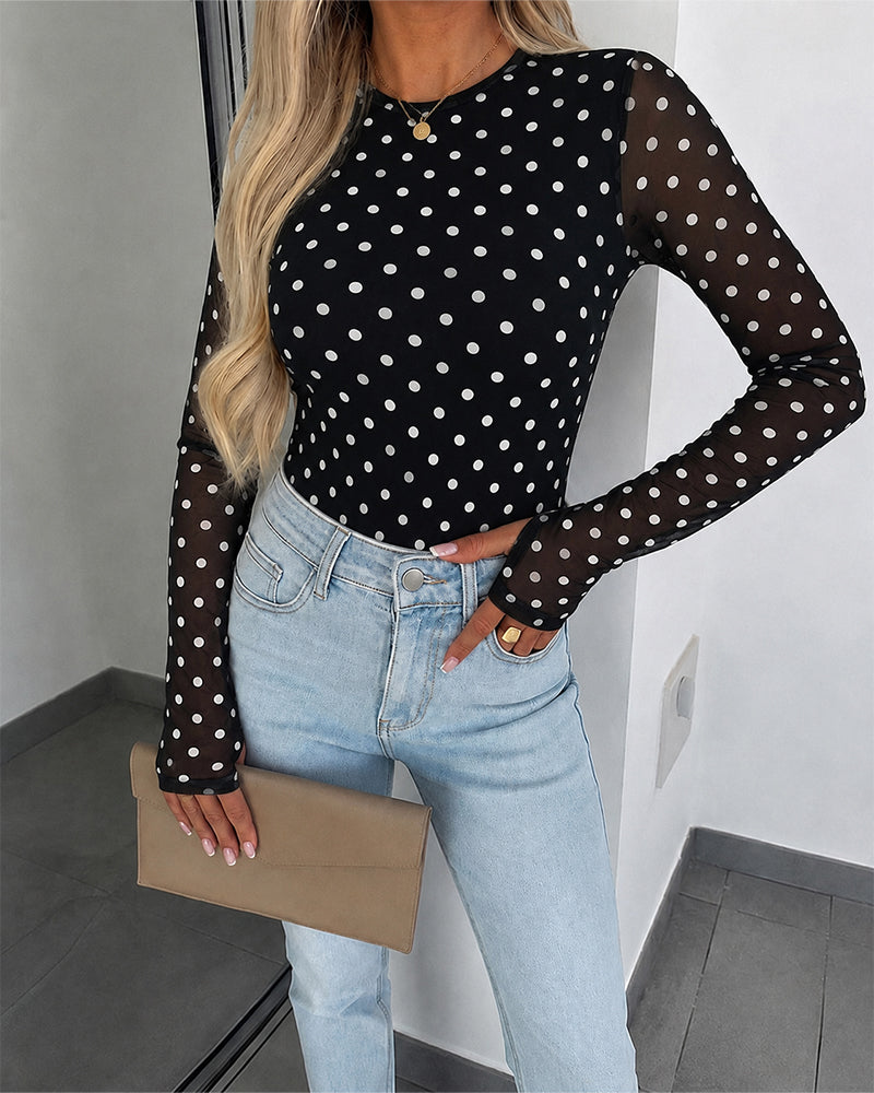 Women's Mesh Polka Dot Top Lined Sheer Long Sleeve Tee Crewneck Slim Fit Layering Under Base Top with Thumbholes - Image 18