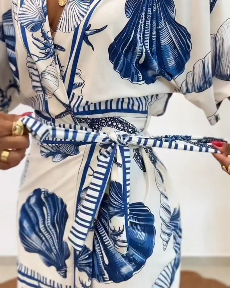 Starfish & Seashell Print Overlap V Neck Half Sleeve Wrap Knot Side Romper Casual Stretchy Back Waist Vacation Romper - Image 7